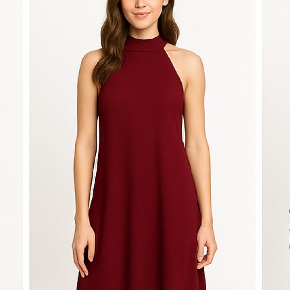 Burgundy high neck sleeveless swing dress womens S elegant evening party outfit